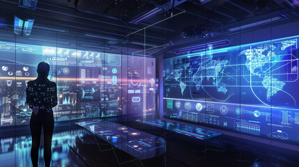Digital innovation hub with holographic displays.
