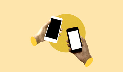 Two hands holding mobile phones with black screen isolated on yellow background. Art collage...