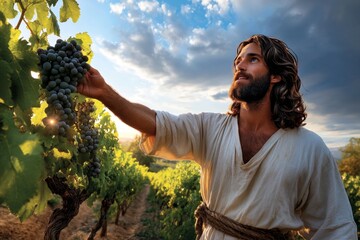 Jesus walking through a vineyard, teaching His disciples about the vine and the branches, symbolizing the importance of remaining connected to Him