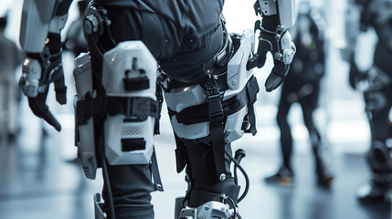 Exoskeleton suits for mobility-impaired people, showcasing advancements in human augmentation technology.