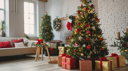 Festive Christmas tree in a living room with presents underneath.