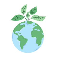 Earth with green leaves sprouting from top illustration on white isolated background. Blue planet earth in cartoon flat style and eco-conscious concept. For eco projects, banners, eco motivations