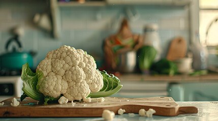 Fresh cauliflower head, with detailed texture of the florets, set on a cutting board in a clean kitchen.