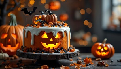 A Halloween themed cake with a jack-o'-lantern face, surrounded by pumpkins and festive decor including bats, creating a spooky yet joyful mood.