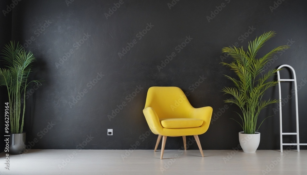 Sticker Living room with yellow armchair on empty dark wall background