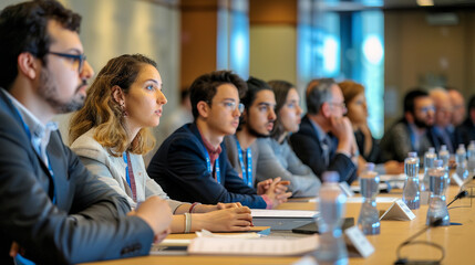 Fototapeta premium Global conference on artificial intelligence ethics, with diverse experts debating the future of AI regulation.