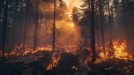 A dramatic forest fire engulfing trees in golden flames, showcasing nature's power and the devastation of wildfires.