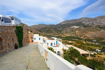 Typical white buildings in the village of Aegiali on the Ormos Egiali Bay on the island of Amorgos....