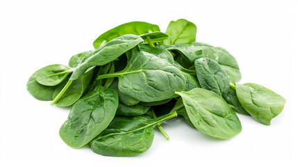Fototapeta premium Green leafy spinach piled up on a bright white background, with individual leaves clearly visible.