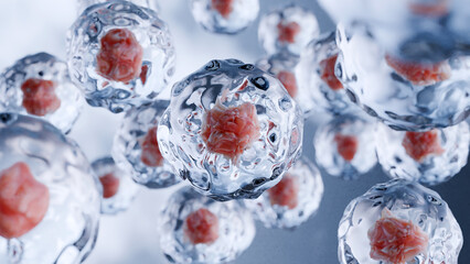 Human cells floating, Embryonic stem cell, Cellular therapy and Regeneration, Disease treatment, eosinophile, organic molecular structure, cancer and Virus, microscopic of Human cells, 3d render © MohammedElAmine