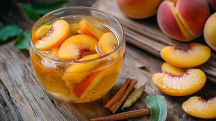 Refreshing peach slices in syrup with cinnamon on a rustic wooden surface in warm light