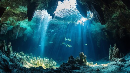 Obraz premium Breathtaking underwater scene with sunlight filtering through the cave, illuminating vibrant marine life and unique rock formations.