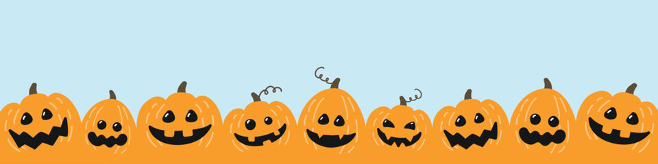 Halloween design. Banner with funny hand drawn pumpkins. Vector illustration