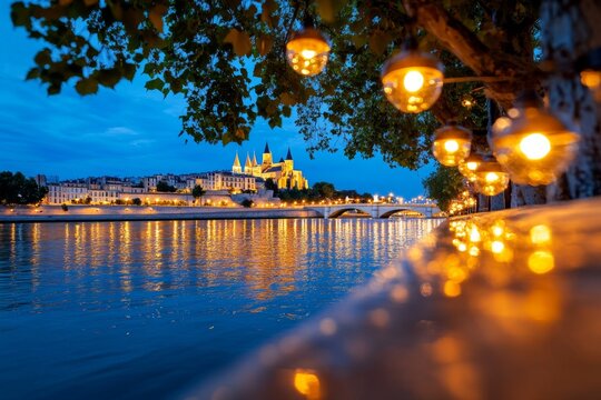 The Rh&Atilde;&acute;ne River at dusk, with street lamps reflecting on the water and Avignon&acirc;&euro;&trade;s medieval skyline illuminated in the background