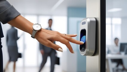 Obraz premium Close-up image of an office worker's hand while scanning his fingerprints.