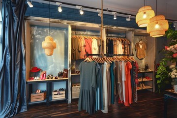Interior of a store selling women's clothes and accessories Interior shot of a fashion boutique. Selling women's clothes and accessories. Small business.