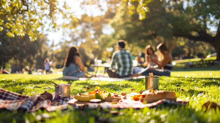 Labor Day picnic in a park with BBQ and families relaxing.