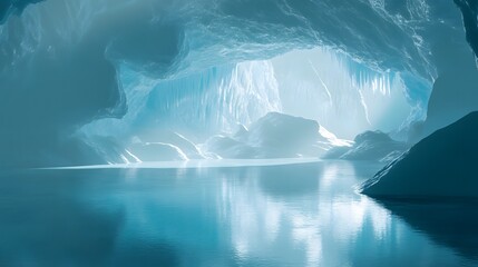 8. A pristine ice cave with blue-tinted ice formations and glistening, reflective surfaces