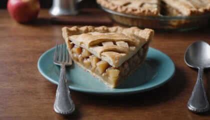 Slice of Apple Pie on a Teal Plate with Fork and Spoon on a Wooden Table