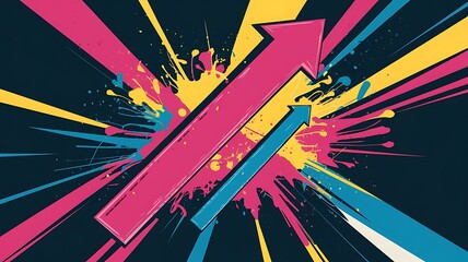 Fototapeta premium Dynamic abstract background with directional arrows. Bold strokes of pink, yellow, and blue cut through a dark backdrop, accompanied by splatter effects, giving a sense of movement and energy.
