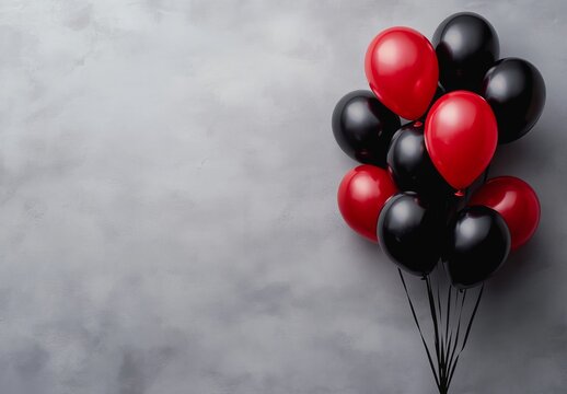 Colorful red and black balloons tied together against a textured gray background for celebrations