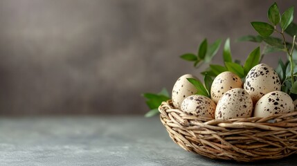 A rustic, charming image of freshly laid duck eggs arranged in a woven basket. The eggs have a natural speckled pattern, and the basket is accented with green sprigs, symbolizing new life, freshness