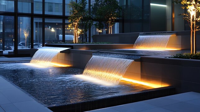 10. An elegant, modern water fountain in a sleek urban plaza, with flowing streams and illuminated features