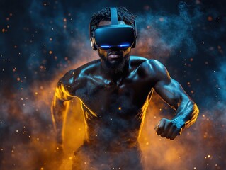 Fototapeta premium Virtual reality athlete amidst sparks and smoke
