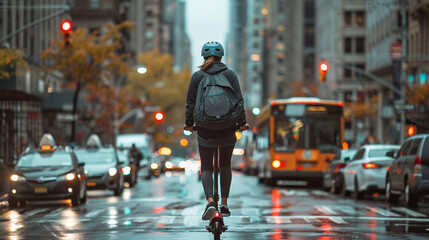 Person riding an electric scooter on a city street with cars and buildings in the background.