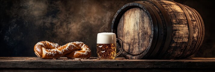 A rustic still life featuring a glass of lager beer, a pretzel, and a wooden barrel. The image evokes a sense of tradition, craftsmanship, and enjoyment.