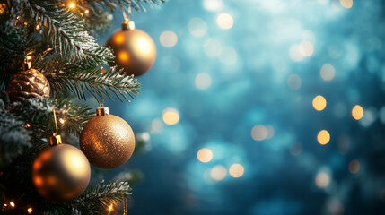 Close-up of a beautifully decorated Christmas tree adorned with golden baubles and warm string lights. Blue theme Christmas. Generative AI.	