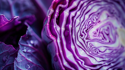 Obraz premium Purple cabbage cut in half, revealing intricate layers inside, with the vibrant color emphasized by soft lighting.