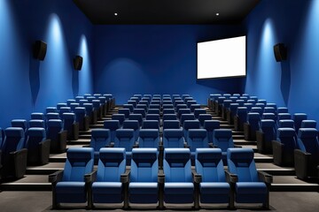 Fototapeta premium Empty Cinema with Blue Interior and White Blank Screen Mockup