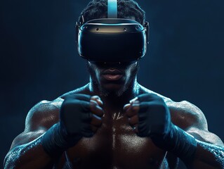 Person with VR headset and fists raised in combat stance
