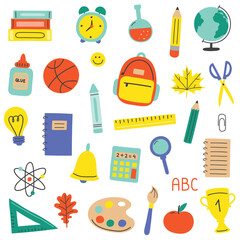 Cartoon school icon set. Cartoon stationery. Vector illustration