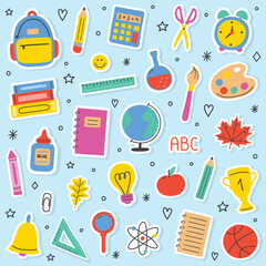 Set with a hand drawn school stickers. Cartoon supply icons. Vector illustration