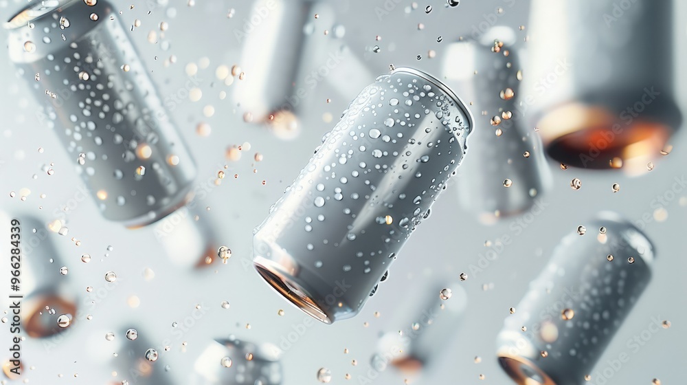 Poster a clean of white beer cans tumbling on a white background with soft, colorful lighting from differen