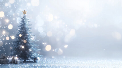 Obraz premium A small Christmas tree stands on a snow-covered surface against a soft, glowing bokeh snowy background. Generative AI. 
