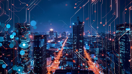 Fototapeta premium Smart city at night with illuminated buildings and tech features.