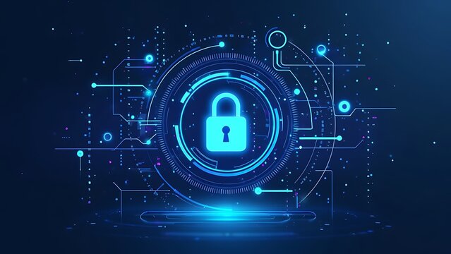 A digital padlock illustration with binary code and futuristic circles on a blue and white background, concept of cybersecurity