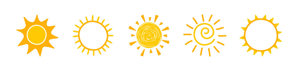Cartoon style sun icons. Collection of summer elements. Vector illustration