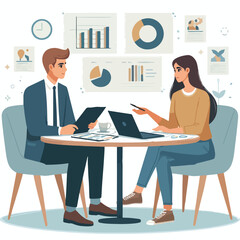 Partners meeting for business discussion with documents and laptop on desk. Couple at round table, speaking, discussing work, partnership. Flat vector illustration isolated on white background