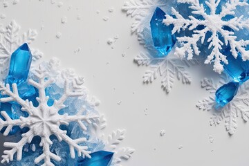 Delicate Snowflakes and Blue Ice Crystals on White Background
