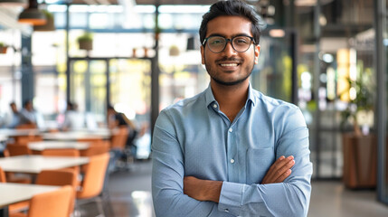 South Asian man in business casual attire, standing confidently in front of a tech company office, ready for success.