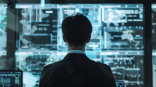 Software developer coding with complex algorithms on screen.