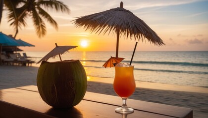 Tropical Cocktail Drink with Coconut and Palm Tree on the Beach at Sunset