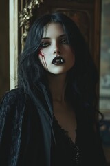 A gothic portrait of a woman with dark makeup and a haunting expression.