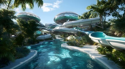 15. A high-tech water park with futuristic slides, lazy rivers, and interactive water features