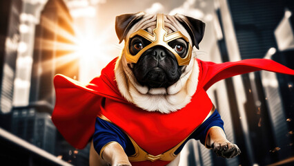 Fototapeta premium A pug superhero stands boldly on an urban rooftop, sporting a vibrant cape while preparing to protect the city at sunset