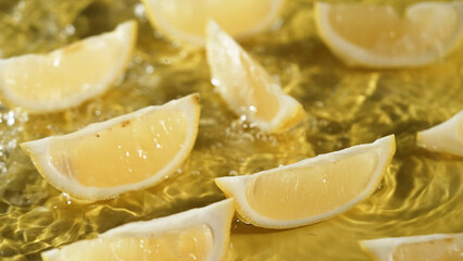 Top down view of lemon slices splashing in water on yellow background. Close up of fresh lemon sliced placing at separated yellow background with water pouring and splash. Citrus freshness. Pabulum.